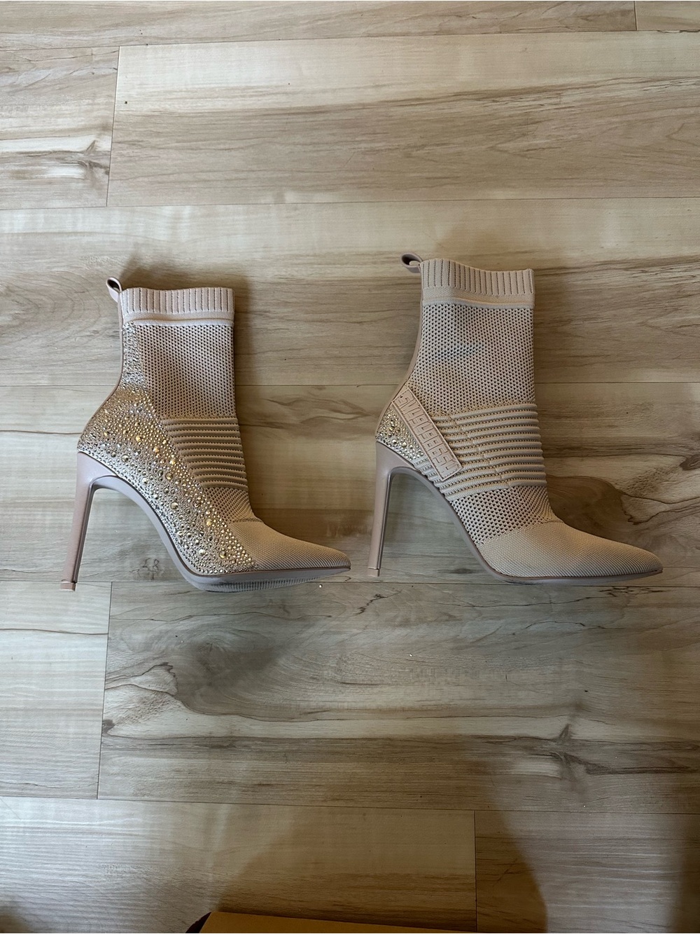 Steve Madden Nude Knit Sock Booties with Rhinestone Heel